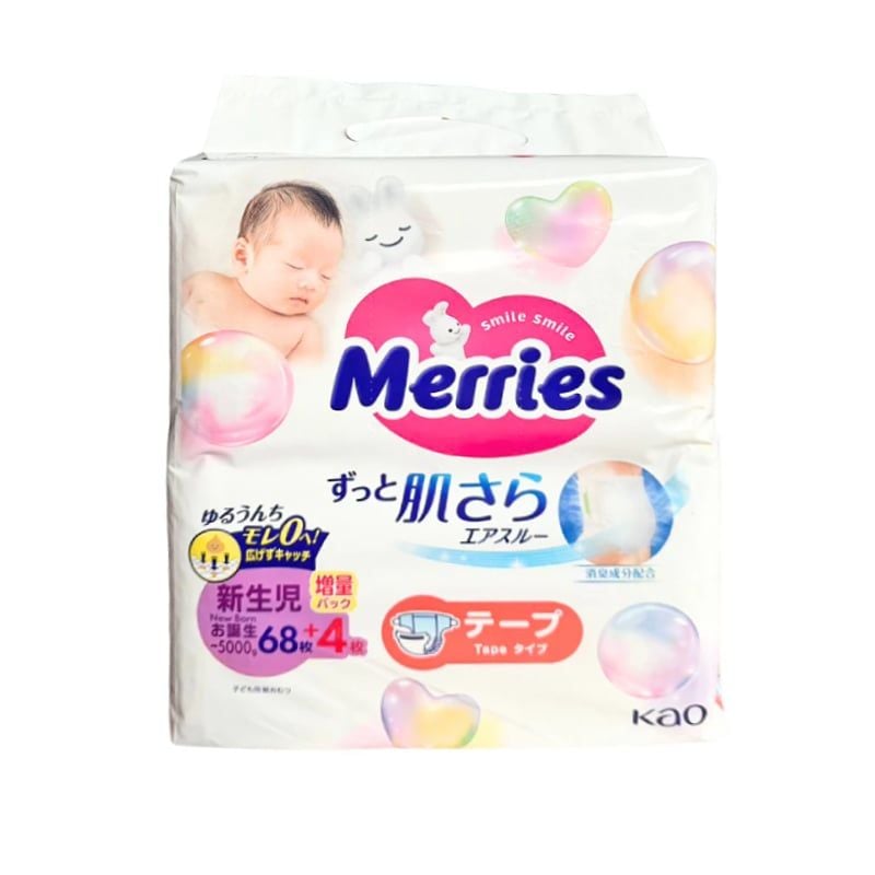 Bỉm - Tã dán Merries size Newborn68+4 miếng (Dưới 5kg)