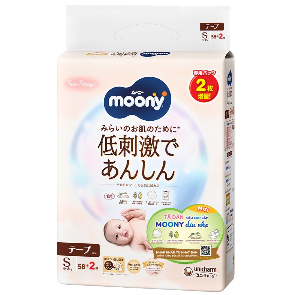 Bỉm - Tã dán Moony Natural size S 58 miếng (4 - 8kg)