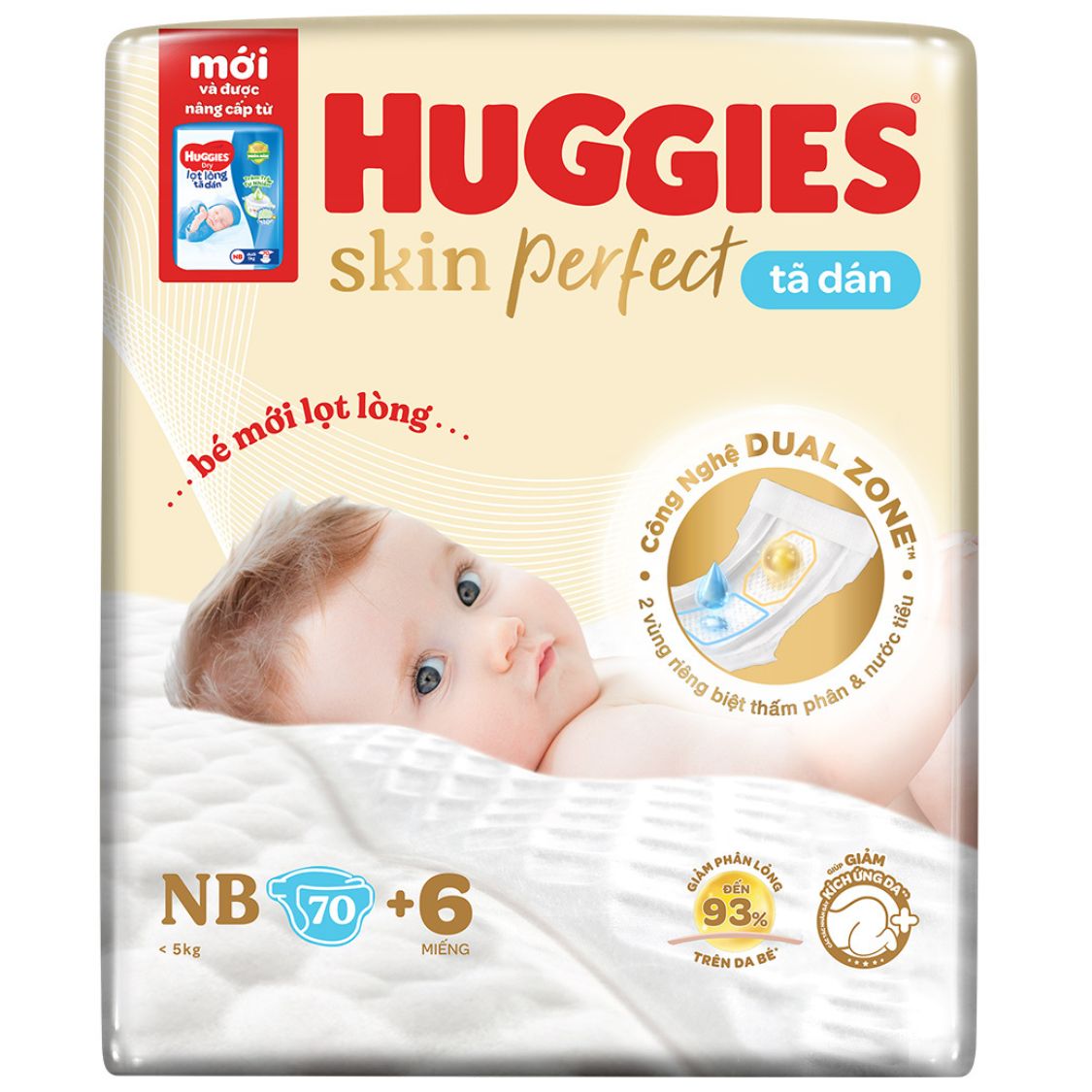 Bỉm - Tã dán sơ sinh Huggies Skin Perfect size NB 70 + 6 miếng (Dưới 5kg) 