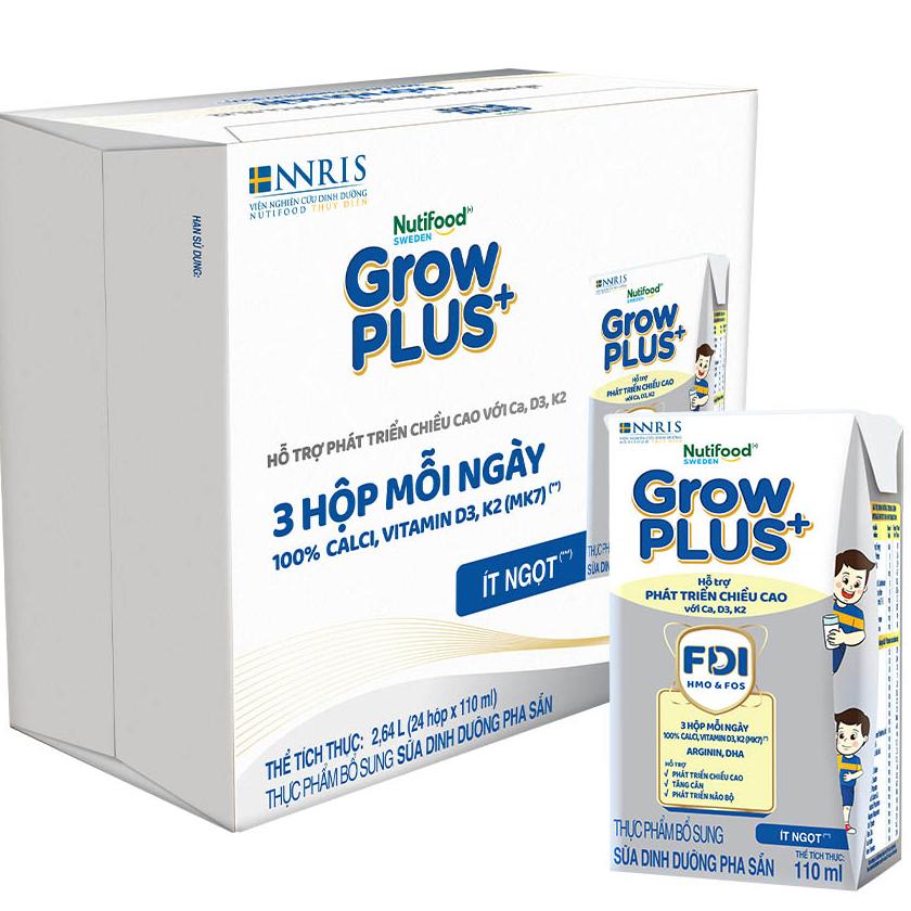 Thùng Sữa bột Pha Sẵn Nutifood GrowPLUS+ bạc ít ngọt (24 hộp110ml) (Trên 1 tuổi)