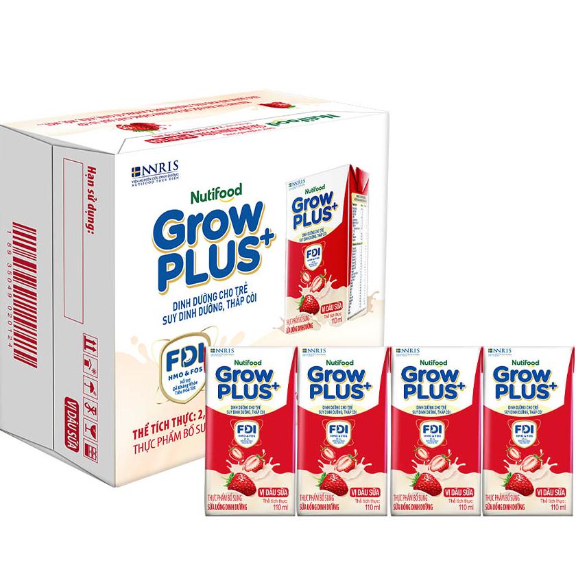 Thùng Sữa bột Pha Sẵn Nutifood GrowPLUS+ vị dâu sữa (24 hộp 110ml) (Trên 1 tuổi)