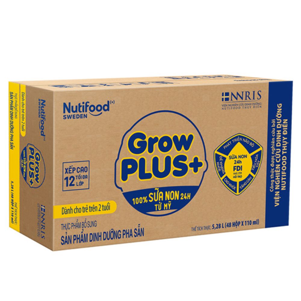 Thùng sữa non pha sẵn Nutifood GrowPLUS+ vàng (48 hộp 110ml) (trên 2 tuổi)